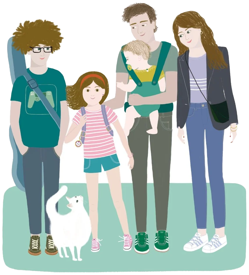Una familia con chicos, un bebé y un gato blanco.