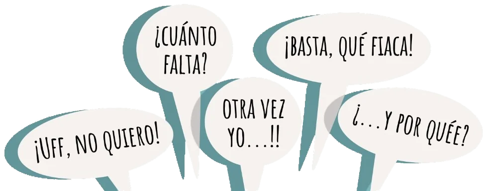 Globos de diálogo: ¡Uff, no quiero!; ¿Cuánto falta?; Otra vez yo…; ¡Basta, qué fiaca!; ¿Y por qué?