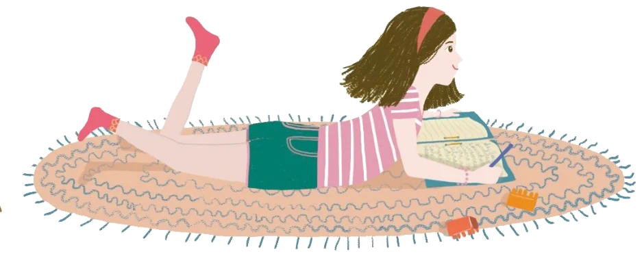 Una nena recostada en una alfombra, escribiendo en un cuaderno.