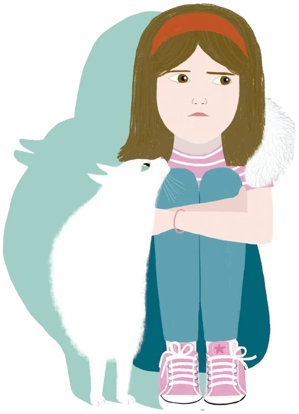 Una nena sentada, abrazada a las rodillas, con un gato blanco al lado.